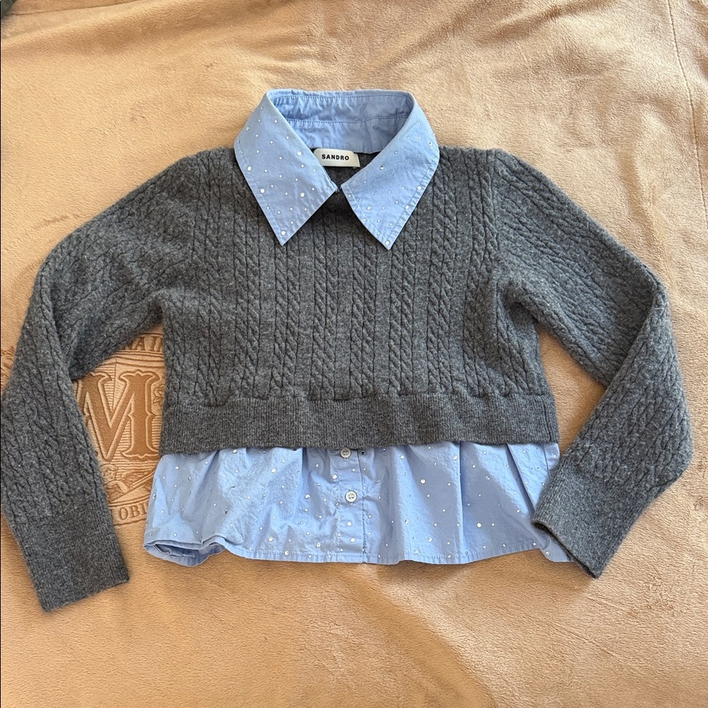 Sandro Charcoal Gray Cable Knit Sweater with Light Blue Collar and Rhinestones